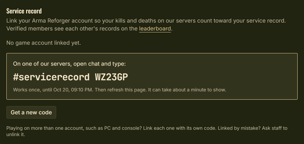 The Service record box in Settings showing a link code to type in game chat, the time it runs out, and a Get a new code button